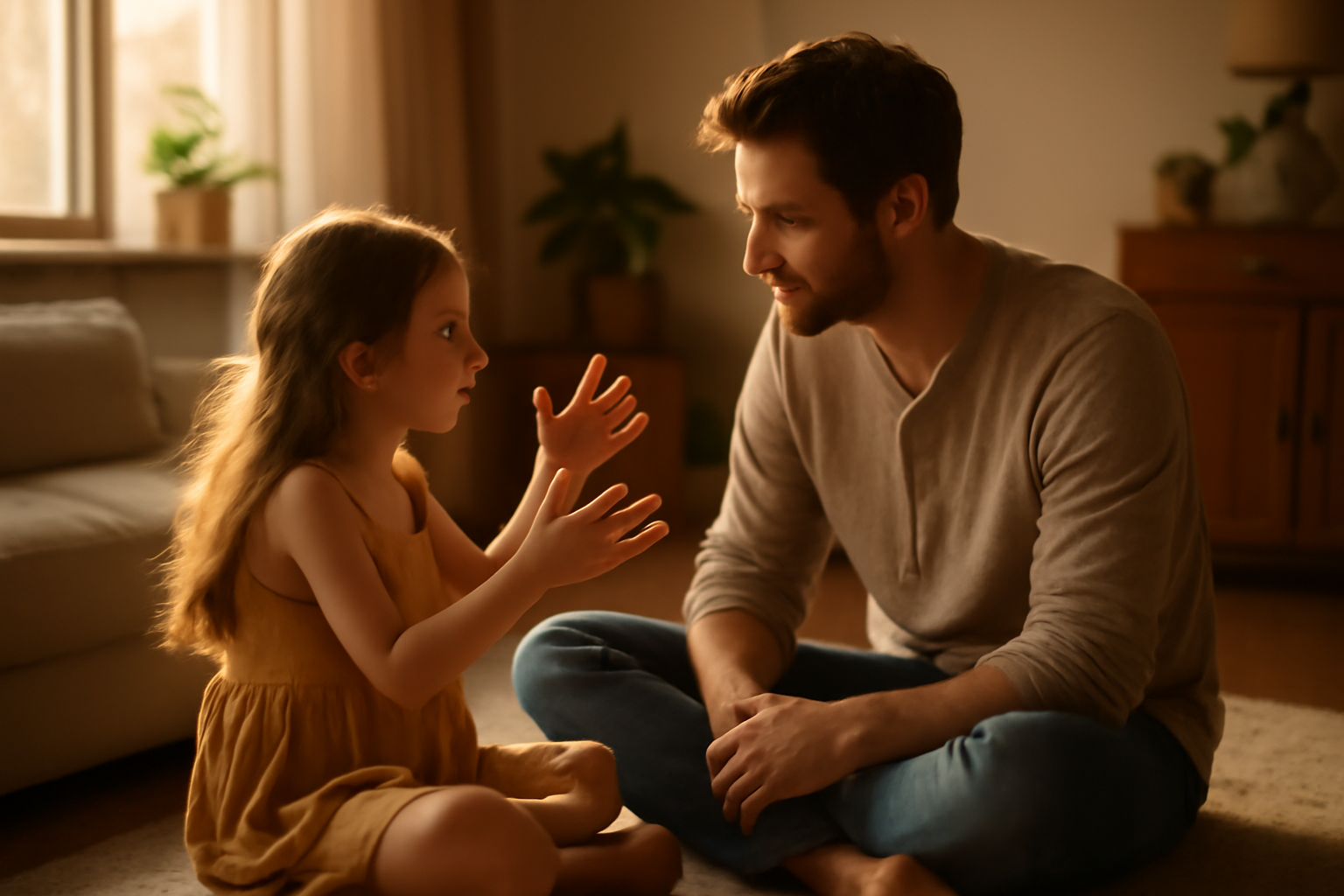 A heartwarming candid moment captured in golden hour sunlight showing a father and young daughter sharing an intimate bo