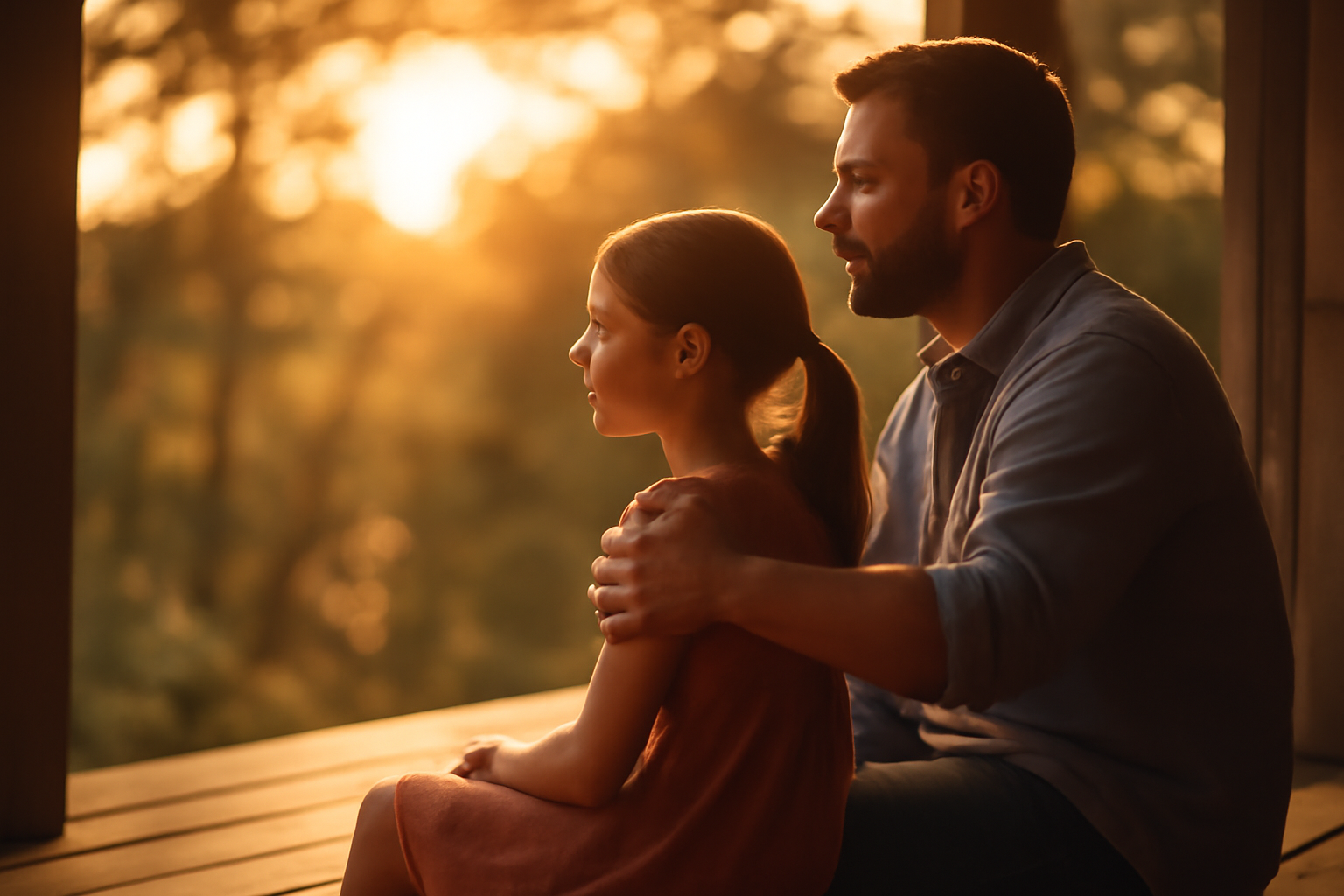 A warm, candid moment captured in golden hour sunlight showing a father and young daughter sitting together on a wooden