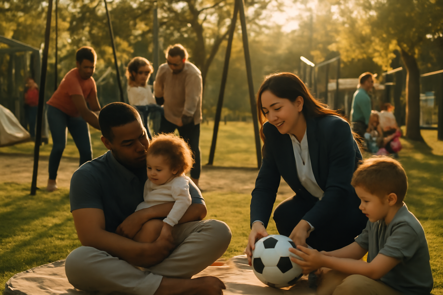 A candid documentary-style photograph capturing a diverse group of adults and children gathered in a sunlit community pa