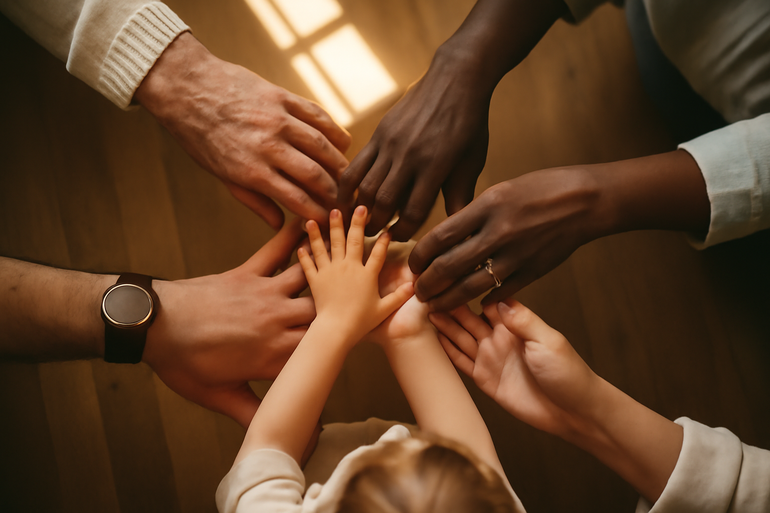 A candid overhead shot of diverse hands coming together in a circle, each hand belonging to different people of varying