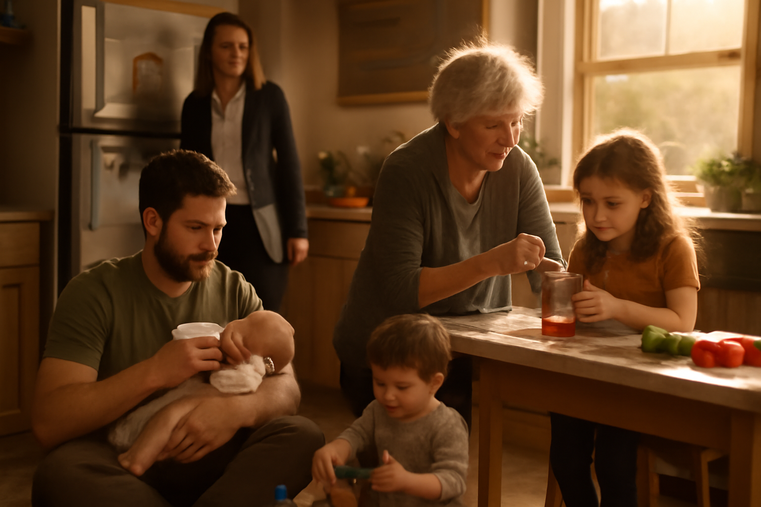 A candid moment captured in warm afternoon sunlight streaming through a kitchen window, showing a diverse multi-generati