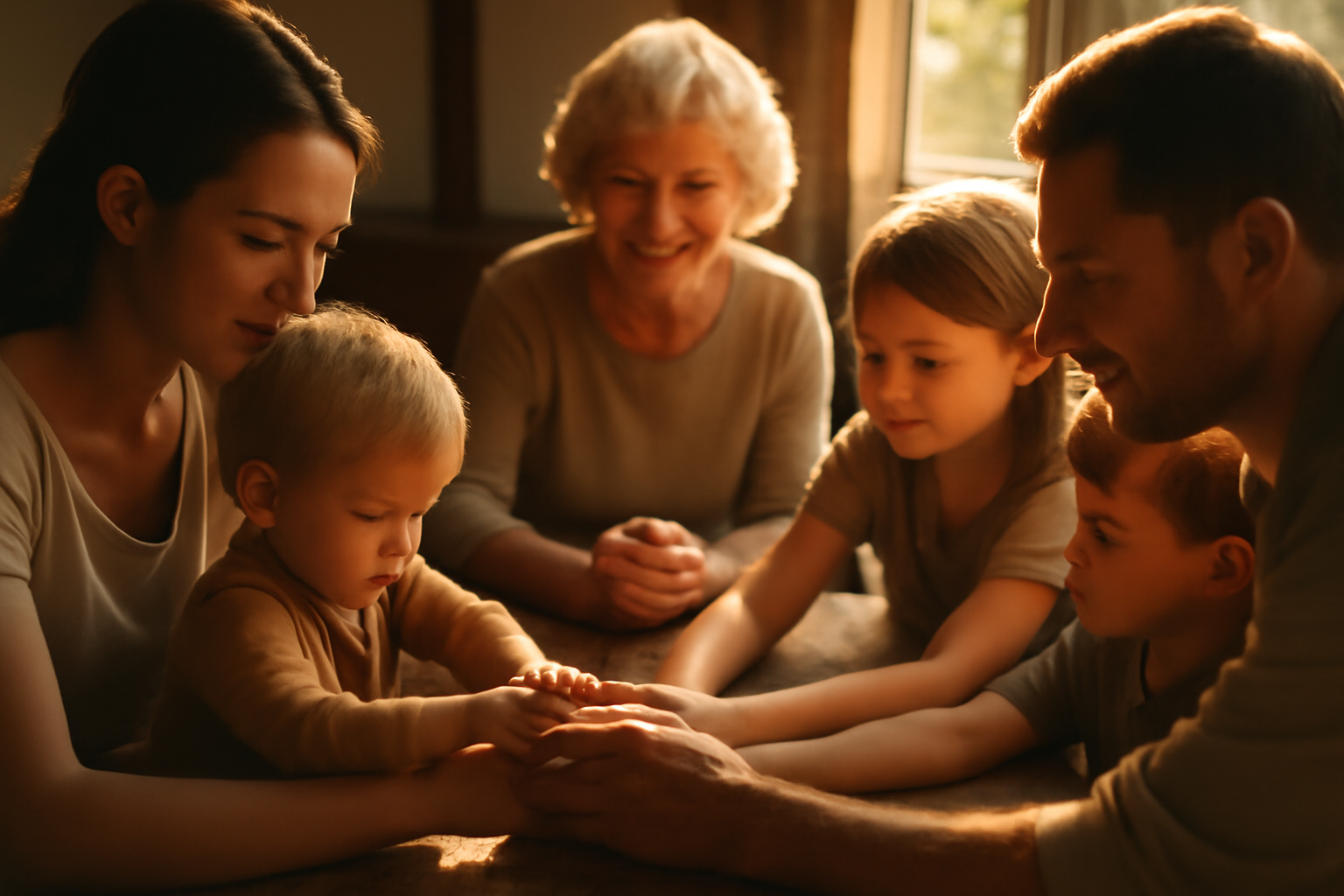 A candid overhead shot of multiple generations gathered around a rustic wooden dining table during golden hour, with war