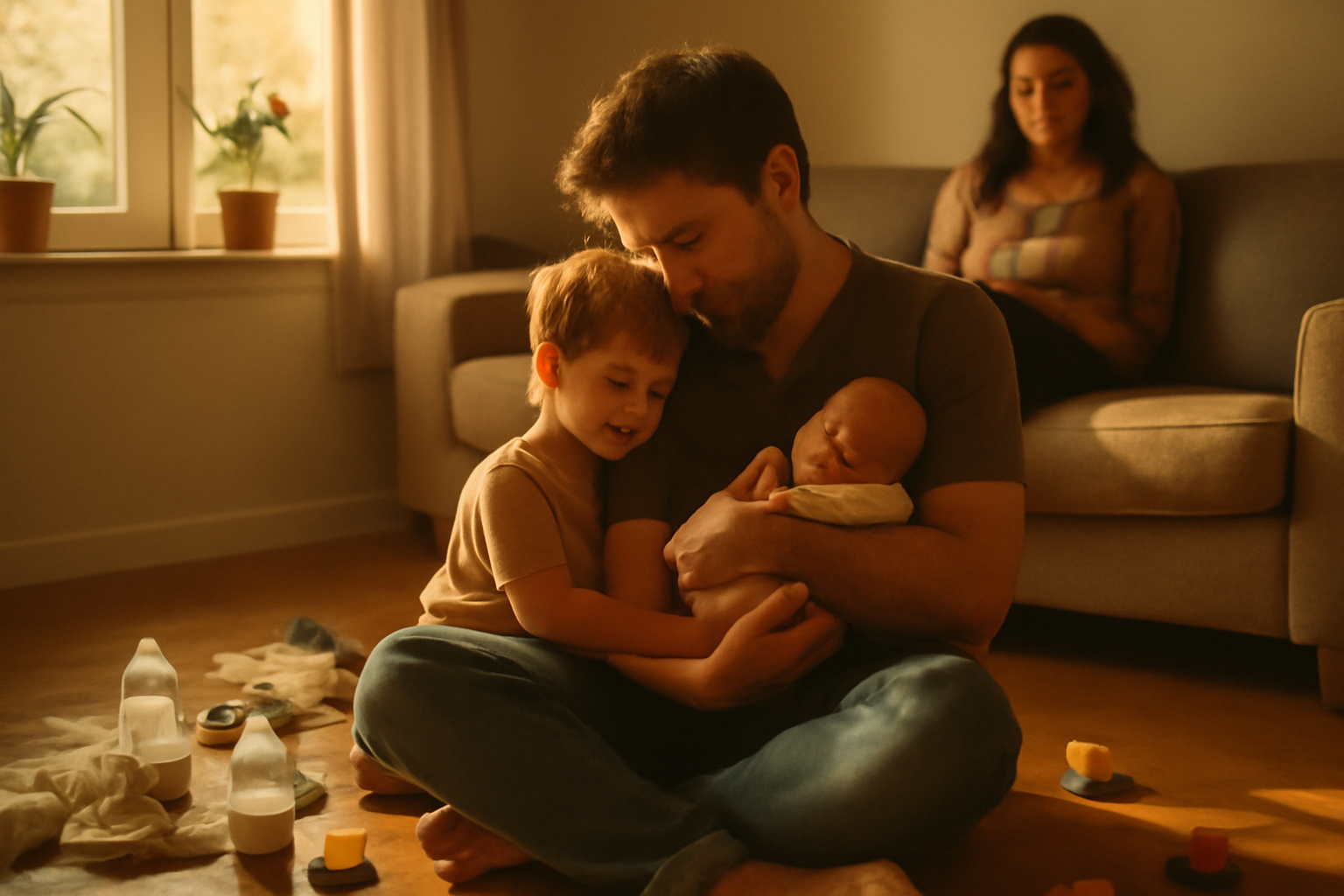 A warm, candid photograph captured in soft morning light streaming through a living room window, showing a father in cas