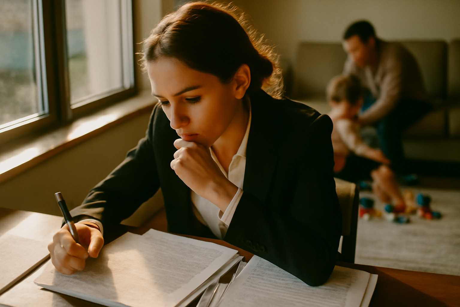 A candid shot of a young woman in professional attire sitting at a wooden desk near a window, deeply focused on reading 