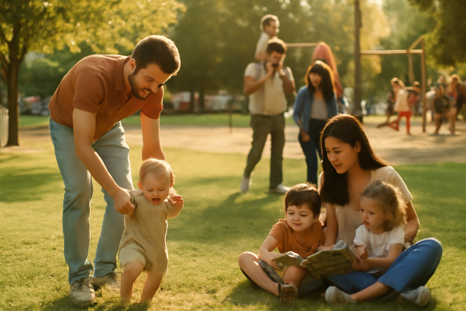 A candid moment captured in golden hour lighting showing a diverse group of adults and young children engaged in everyda