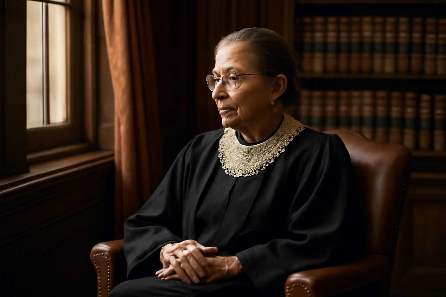 A powerful portrait of a distinguished female Supreme Court justice in her iconic black judicial robe with white lace co