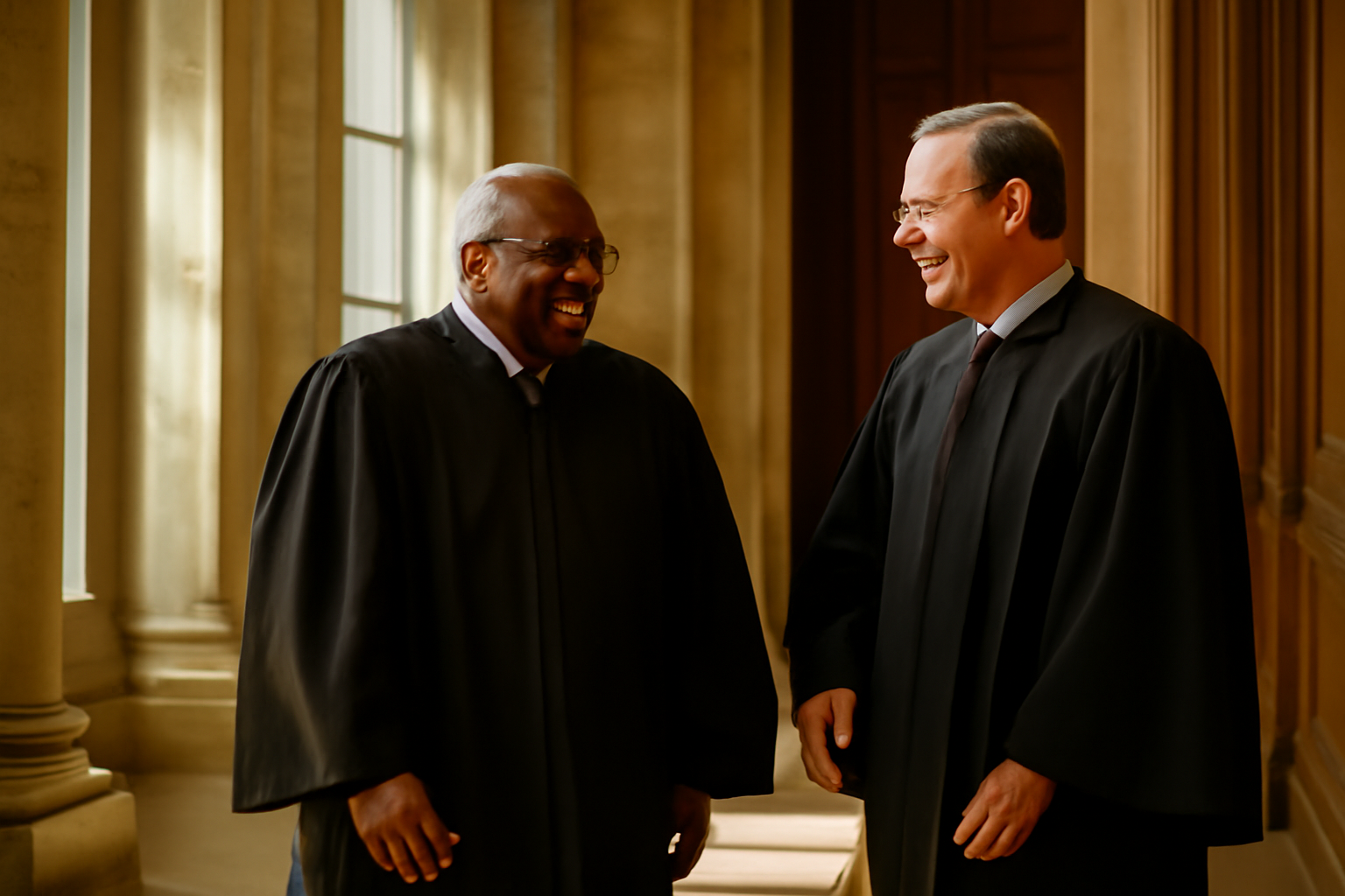 A candid behind-the-scenes photograph capturing two Supreme Court Justices in their judicial robes sharing a warm, genui