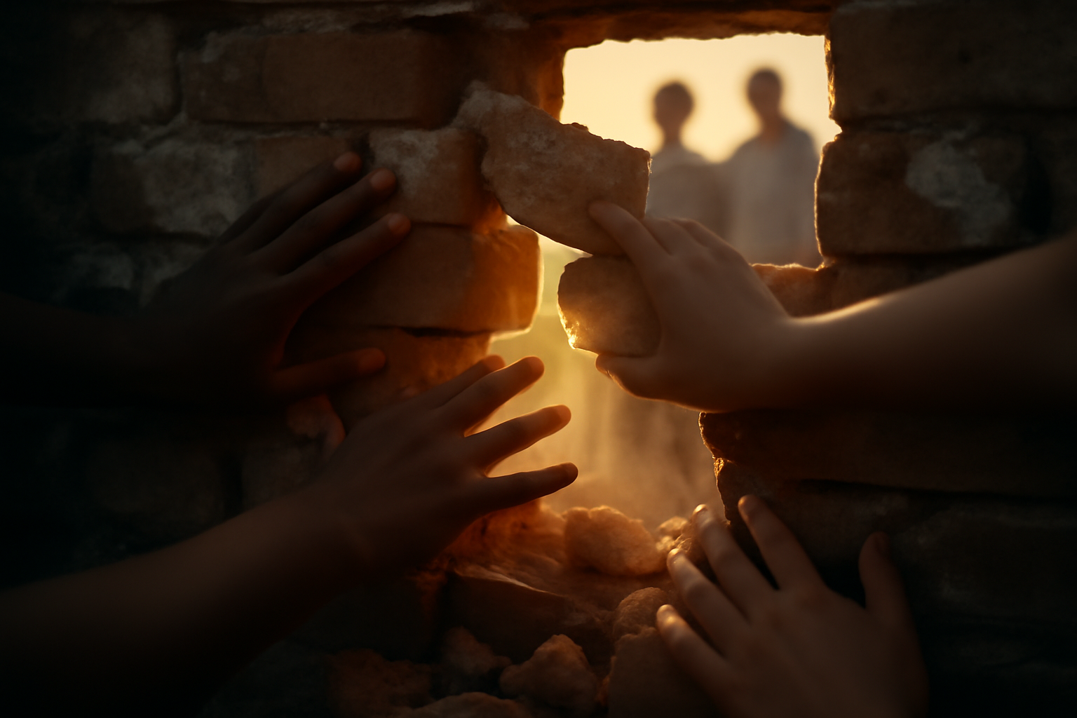 A powerful close-up shot of diverse hands working together to carefully dismantle an old weathered brick wall, with piec