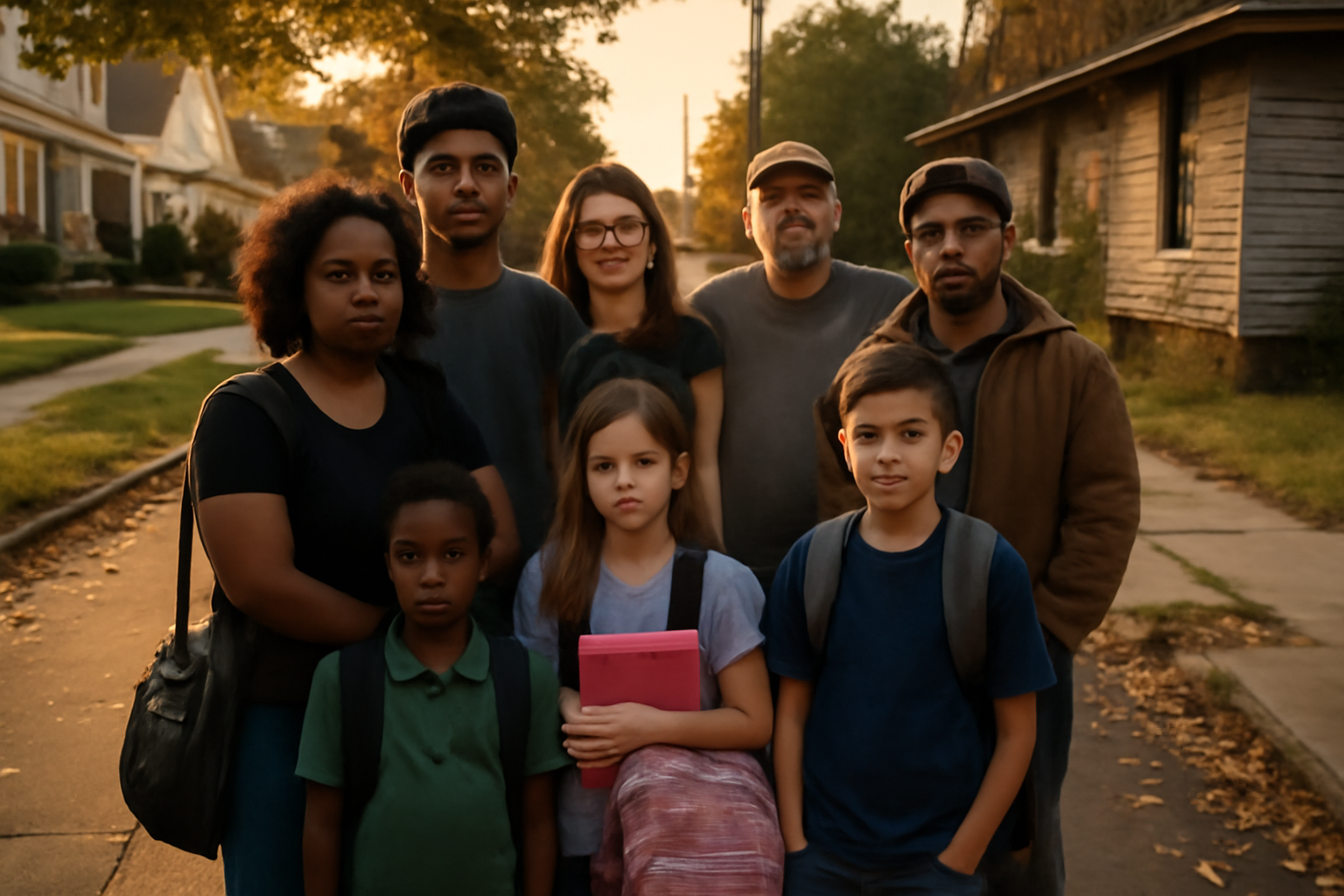 A powerful documentary-style photograph capturing a diverse group of people of different races and backgrounds standing 