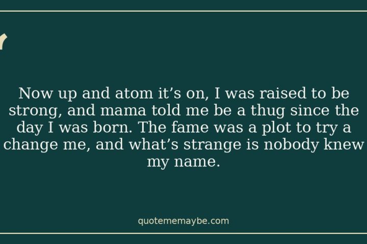 Now up and atom it’s on, I was raised to be strong, and mama told me be a thug since the day I was born. The fame was a plot to try a change me, and what’s strange is nobody knew my name.